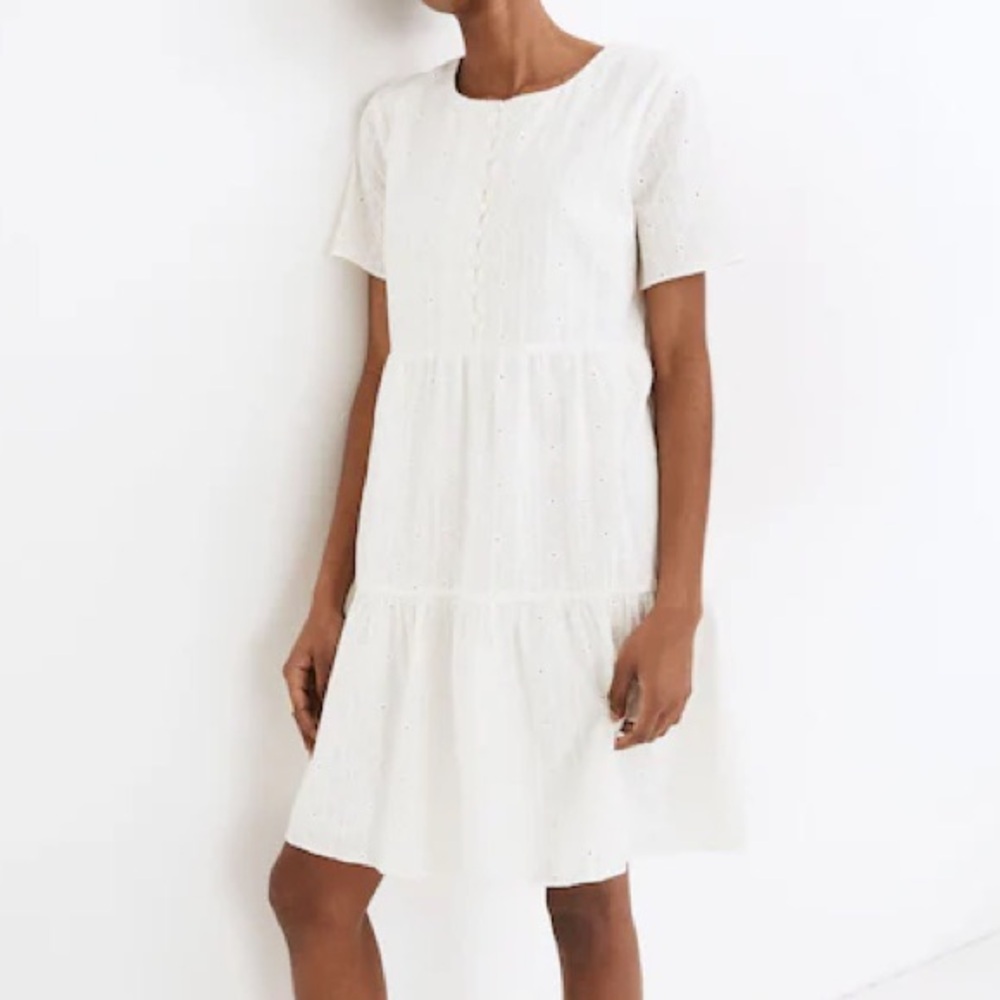 Madewell Embroidered Eyelet Button-Front Tiered Mini Dress in Lighthouse